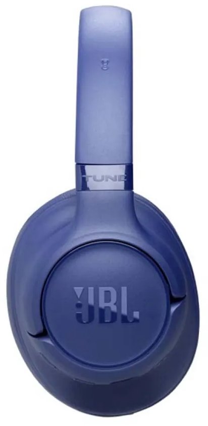 Blauwe JBL Tune over-ear koptelefoon, zijaanzicht op de oorschelp.