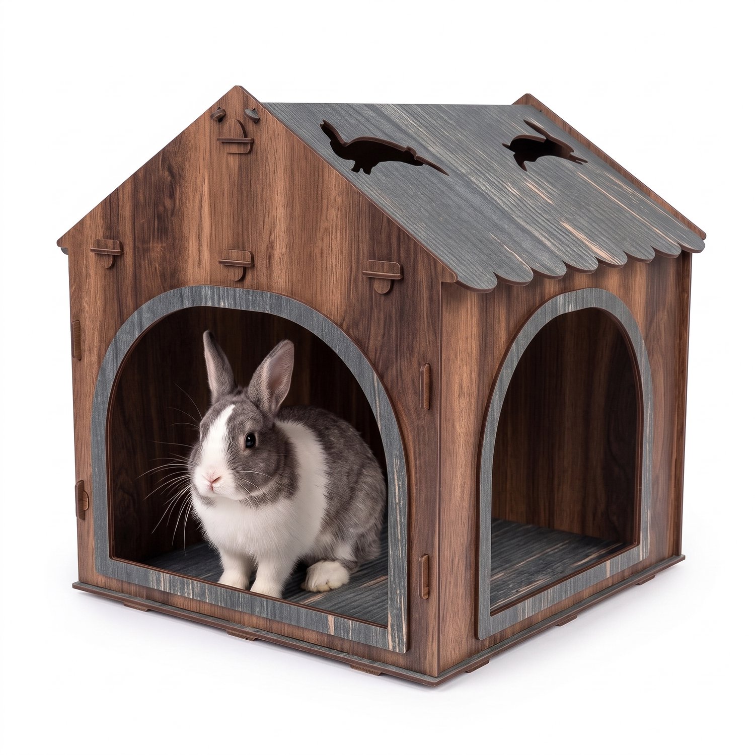 Jungengel Konijnenhuis Binnen - Schuilhuisje Konijn Cavia Haas - Knaagdierhuis met Opbergdak en 2 Ingangen - Konijnenhok Hout Bruin L 42x40x37,5 cm - Zonder Gereedschap te Monteren - Verblijf Woonkamer Modern