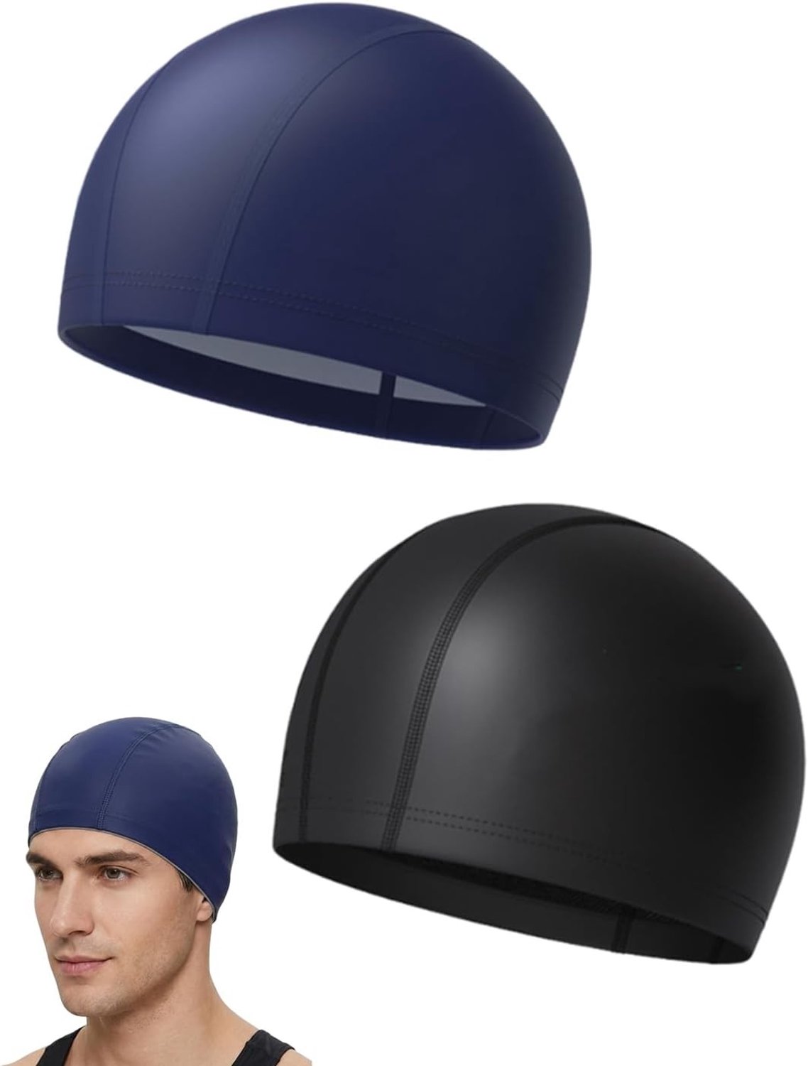 Zachte en duurzame zwemcaps voor volwassenen in zwart en marineblauw - ideaal voor lang haar, unisex, niet-slip en sneldrogend
