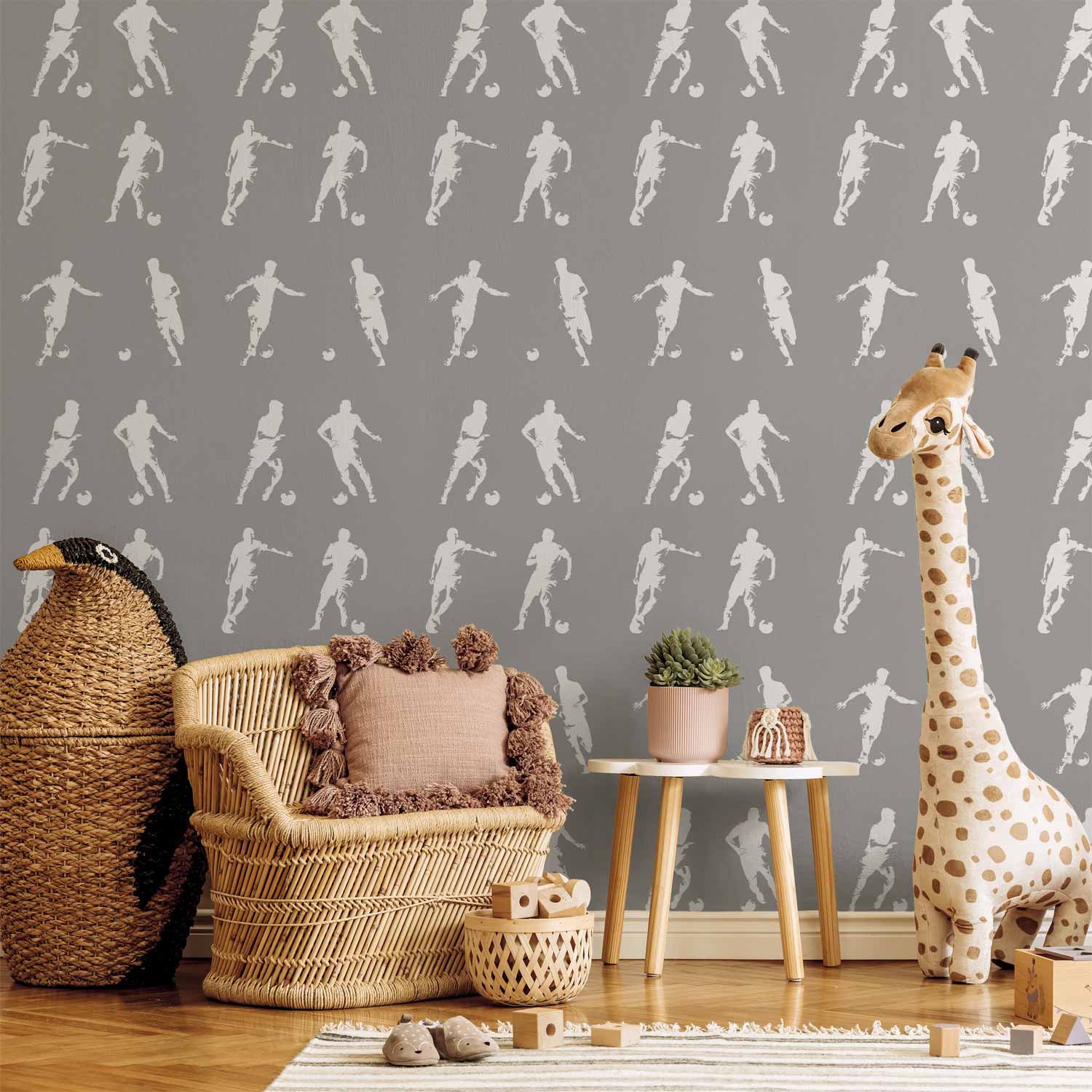 Behang - Sports Silhouettes - Dynamic figures of soccer players on a gray background.