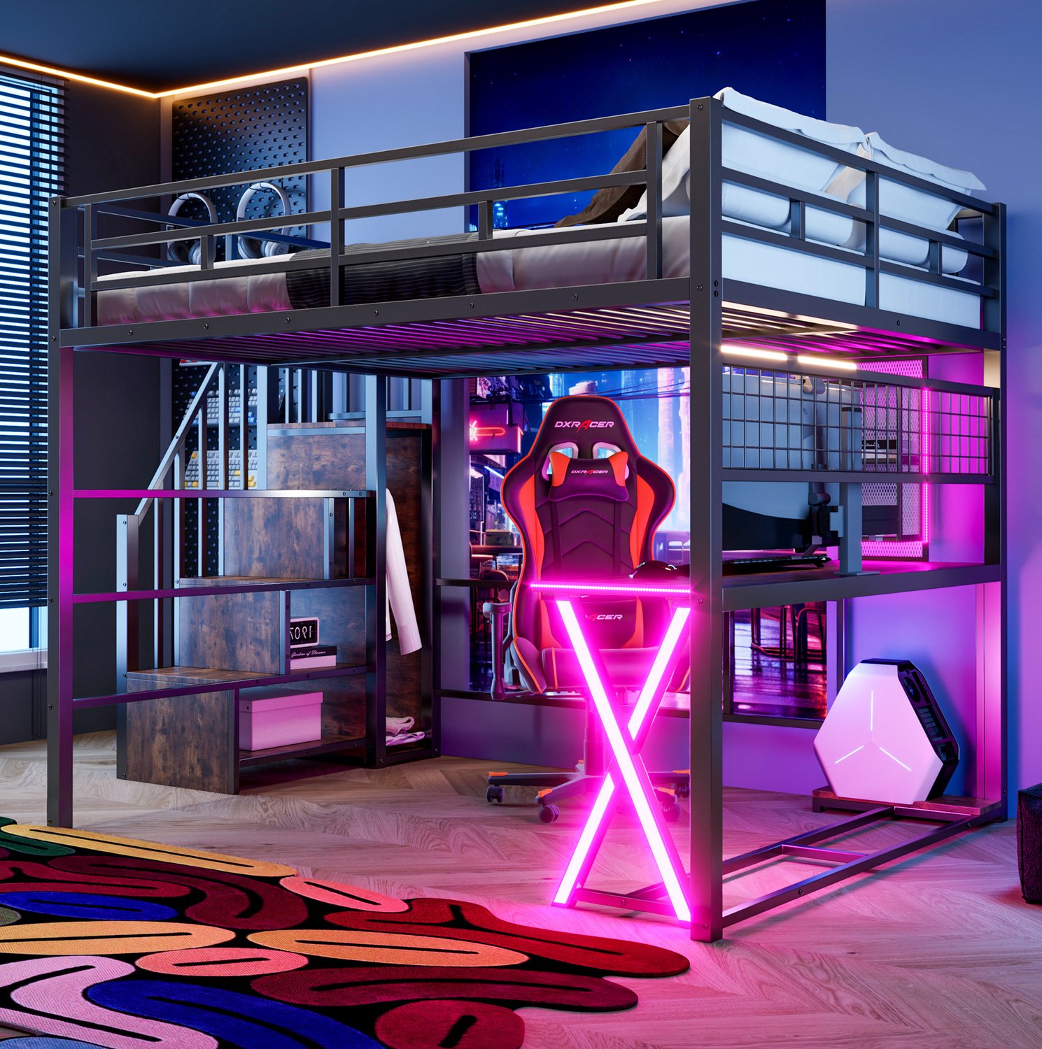 Wishdor Hoogslaper 160x200 cm - Met bureau en LED-verlichting - Opbergtrap, kledingkast en planken - Moderne industriële stijl - Slaapkamer en kantoor - Metaal en MDF - Zwart