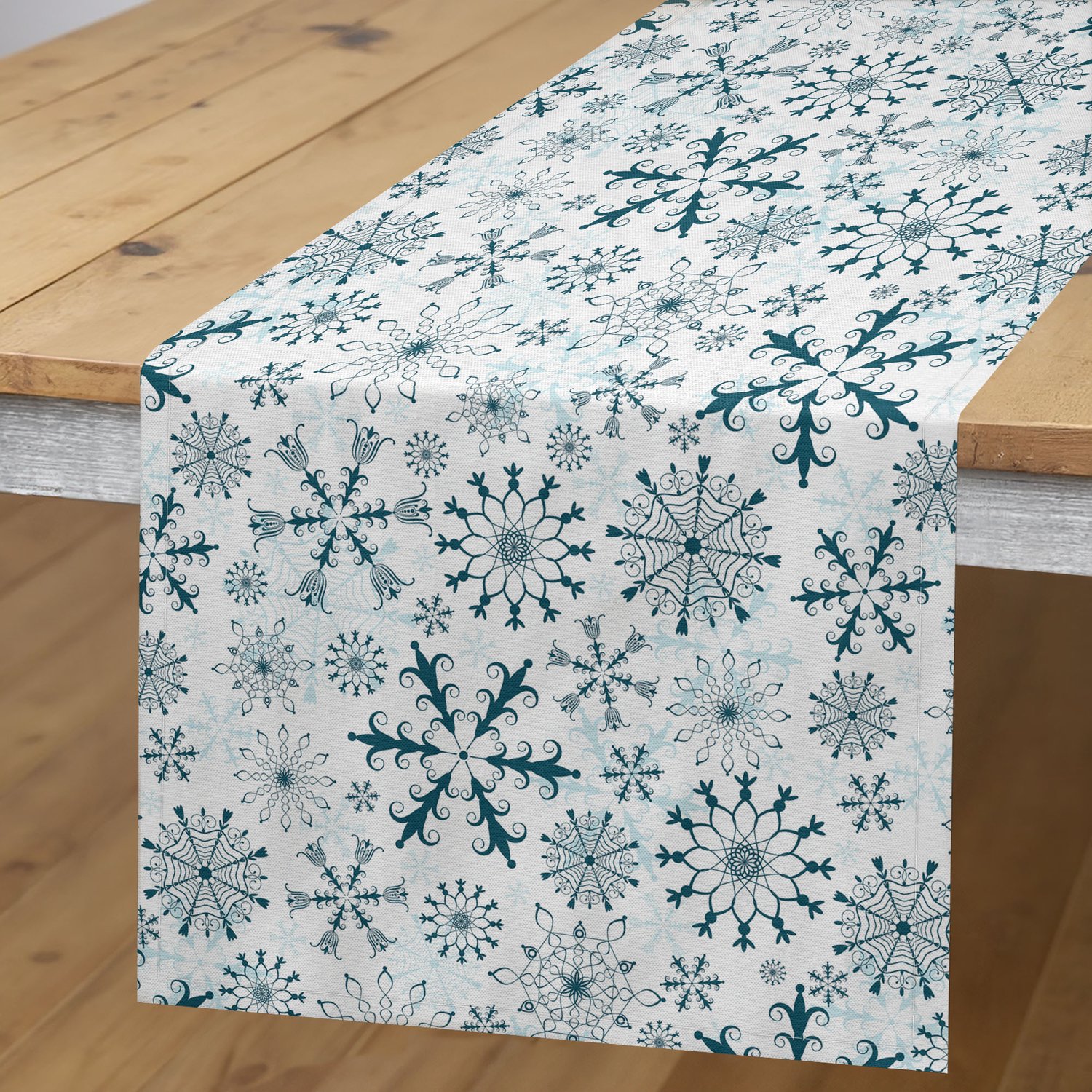 ABAKUHAUS Winter Tafelloper, Merry Xmas Sneeuwvlokken, Rechthoekige Decoratieve Tafelloper voor Eetkamer en Keuken, 40 x 180 cm, Wit Petrol
