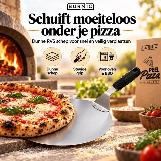 Dunne, ronde RVS pizzaschep met zwarte handgreep naast een Burnic verpakking en verse pizza.