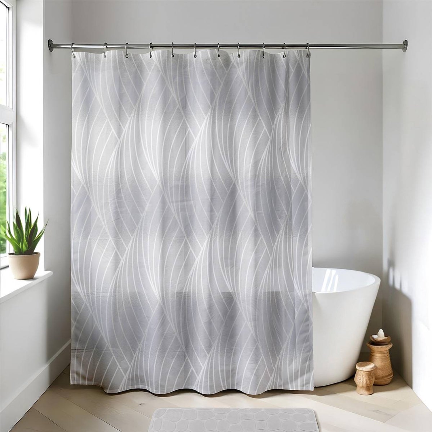 Rideau de douche en plastique 180 x 180 cm avec 12 anneaux blancs décor Plaza