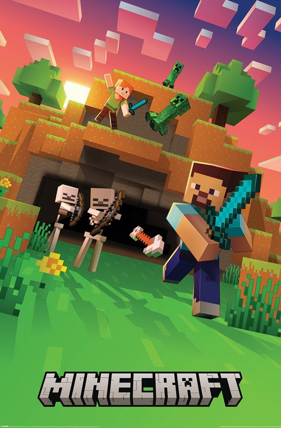 Affiche Minecraft avec Steve, Alex, des Creepers et des squelettes près d'une grotte au coucher du soleil.
