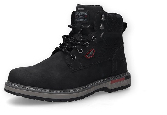 Bottine à lacets noire Dockers by Gerli avec col rembourré, semelle grise et logo rouge sur le côté.