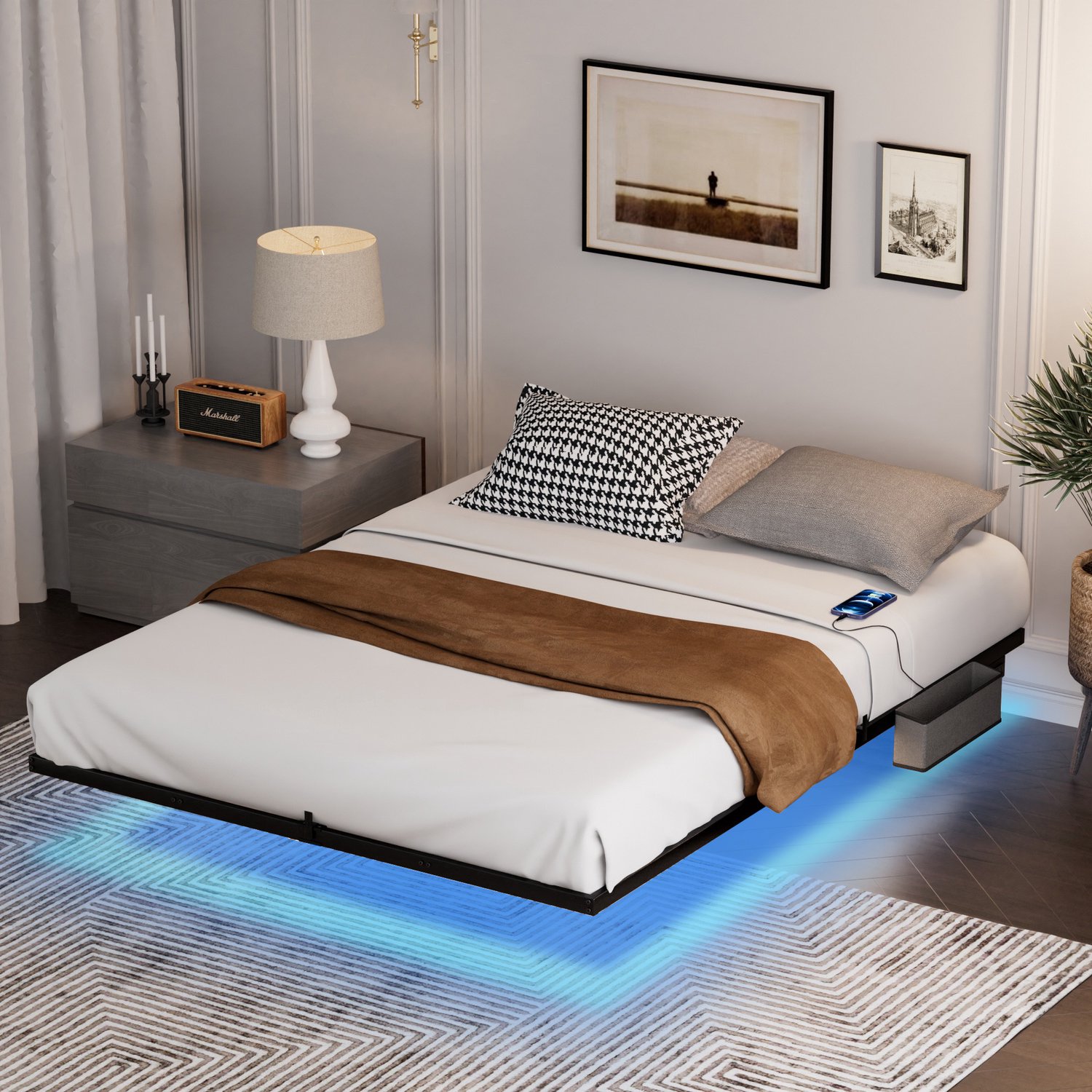 CHICFURN Metalen Bedframe 160 x 200 cm - LED-verlichting - USB-C - Zwart