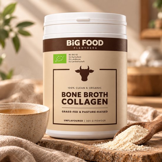 Biologisch bottenbouillon collageen poeder, grasgevoerd en weidegehouden rund. Een pot van 300g.