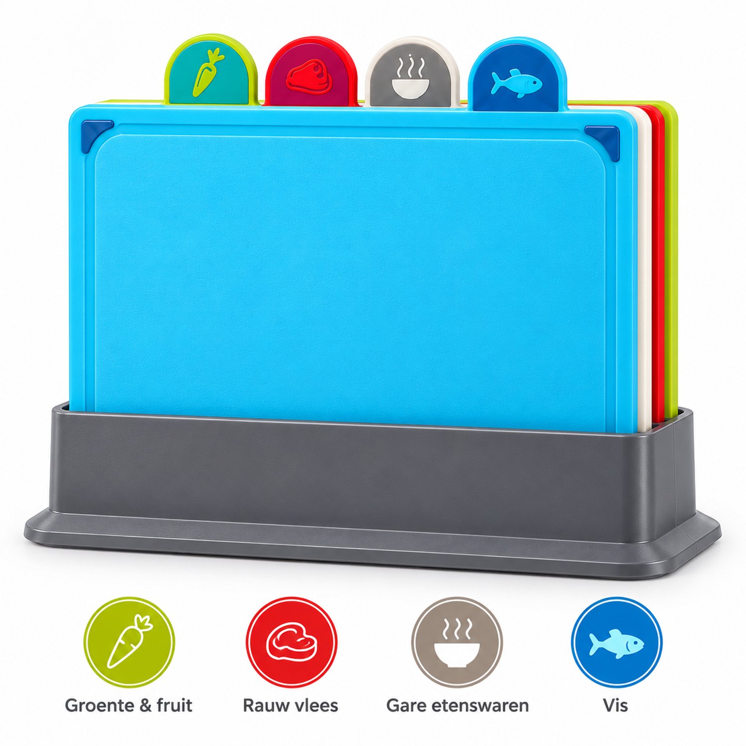DIVERZA Snijplankenset – 4 Kunststof Snijplanken met Houder – Antislip – Kleurgecodeerd – 20 x 30 cm