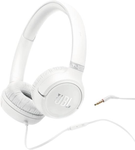 Witte JBL Tune 530 on-ear koptelefoon met bekabelde aansluiting, afstandsbediening en microfoon.