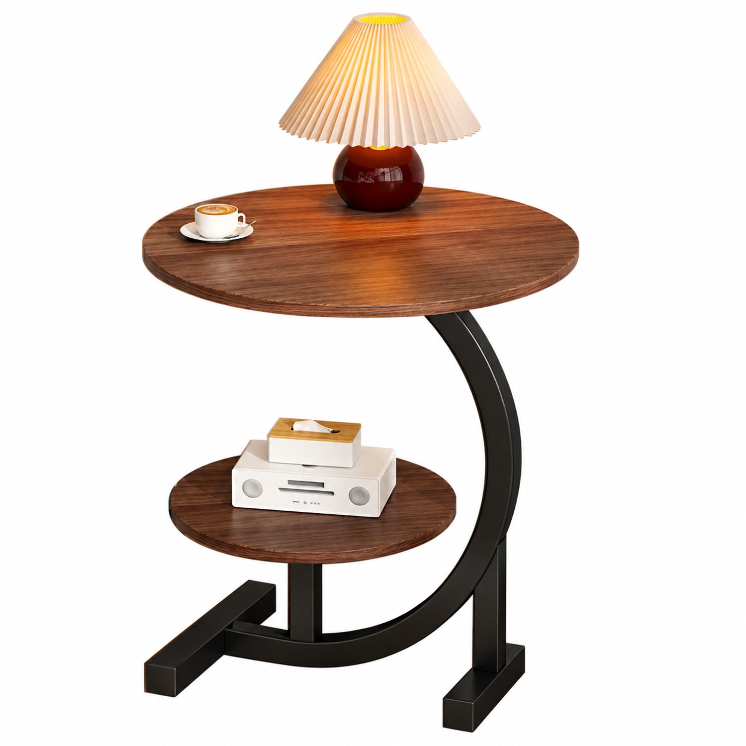 Tremeo Luxe Salontafel - Bijzettafel - Walnootlook - 2 niveaus - C-vormig - Hoogwaardig tafelblad - Stevig frame - 40x30x60cm
