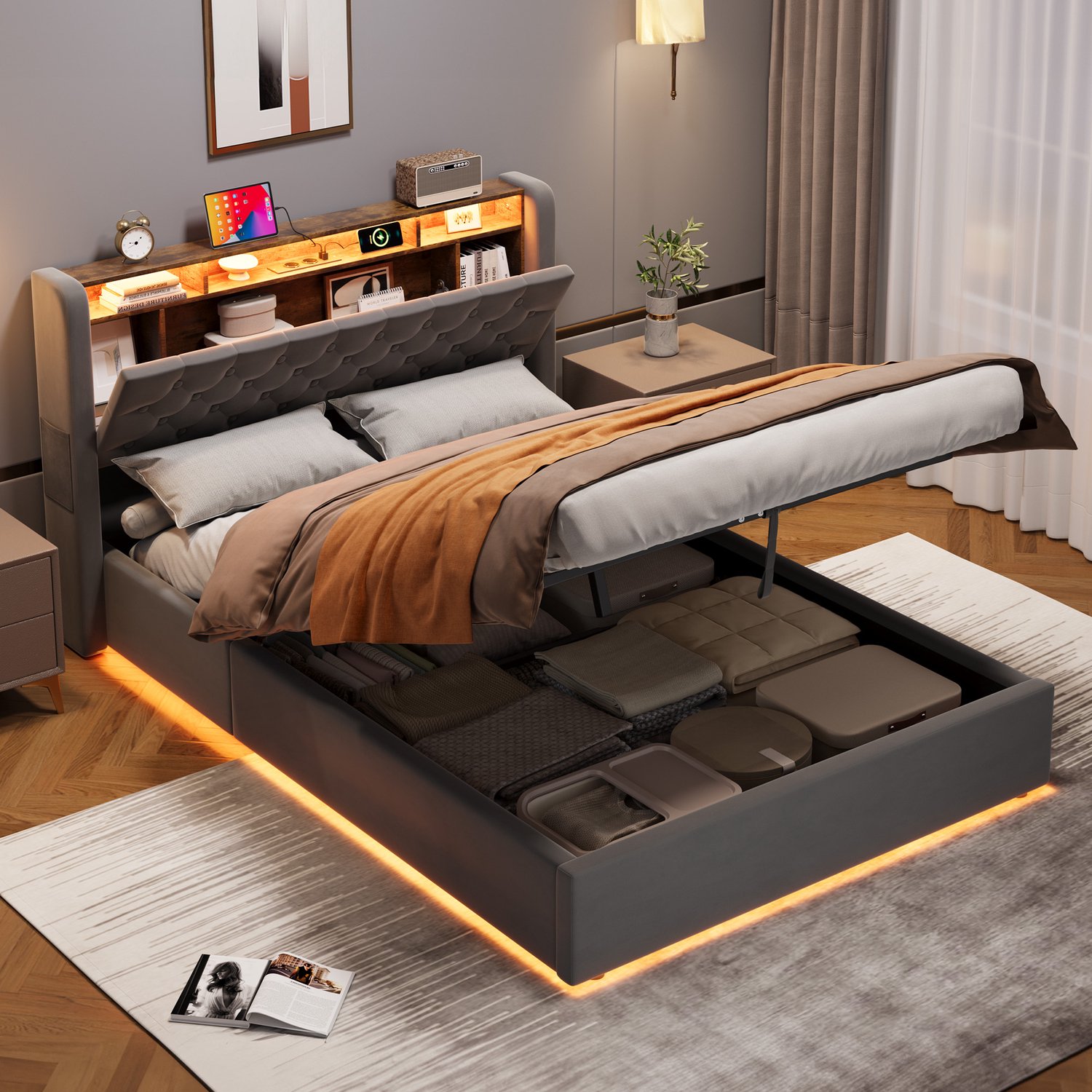 CHICFURN Tweepersoonsbed 140x200 cm - Slaapkamer - Opbergruimte - Gestoffeerd bedframe - Holland velours - Grijs
