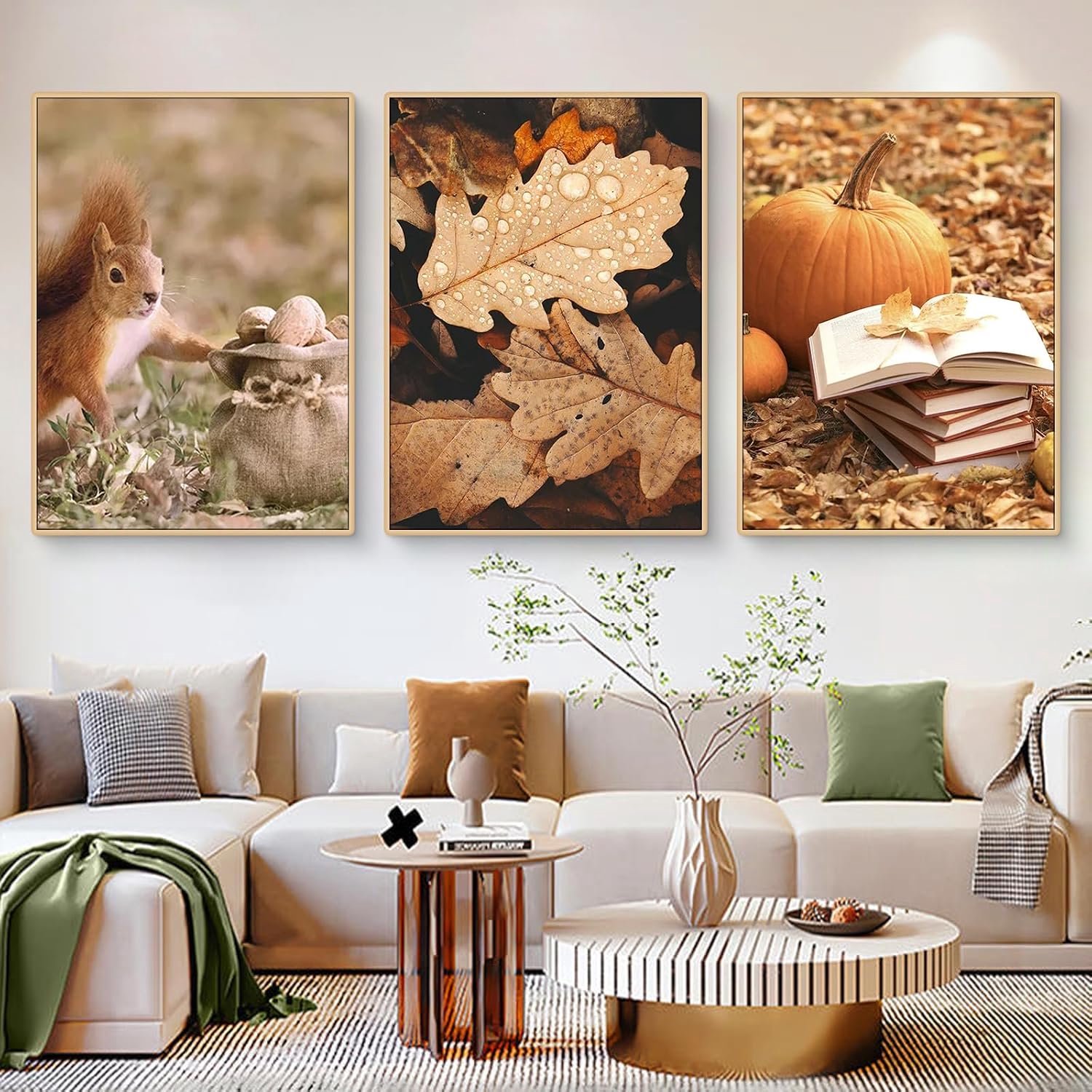 Herfst Poster Set 3 Stuks - Pompoen, Eekhoorn, Bladeren - Wanddecoratie