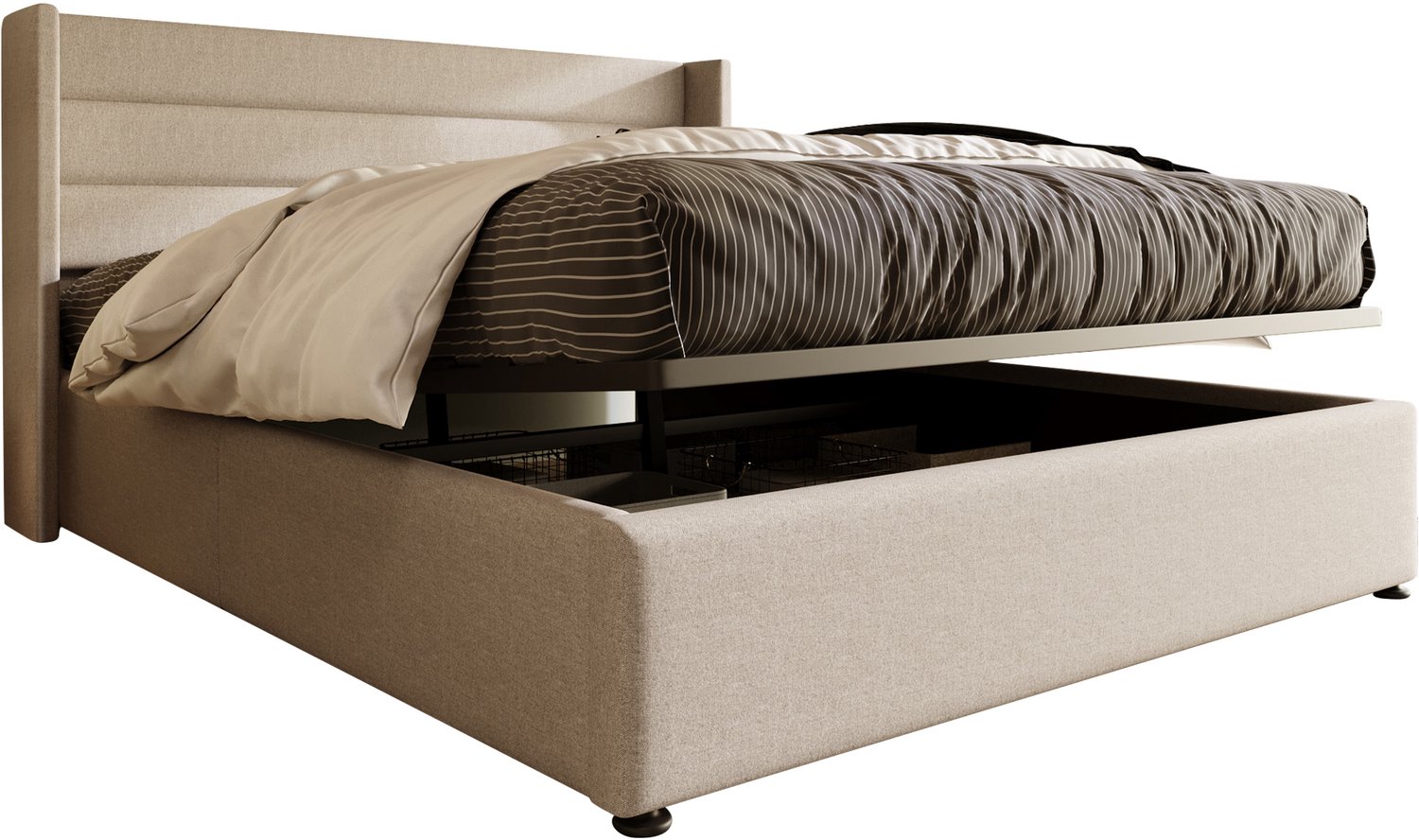 Opbergbed 160x200 cm Met Hydraulisch Liftsysteem - Gestoffeerd Tweepersoonsbed Met Lattenbodem En Hoofdbord - Linnen - Beige