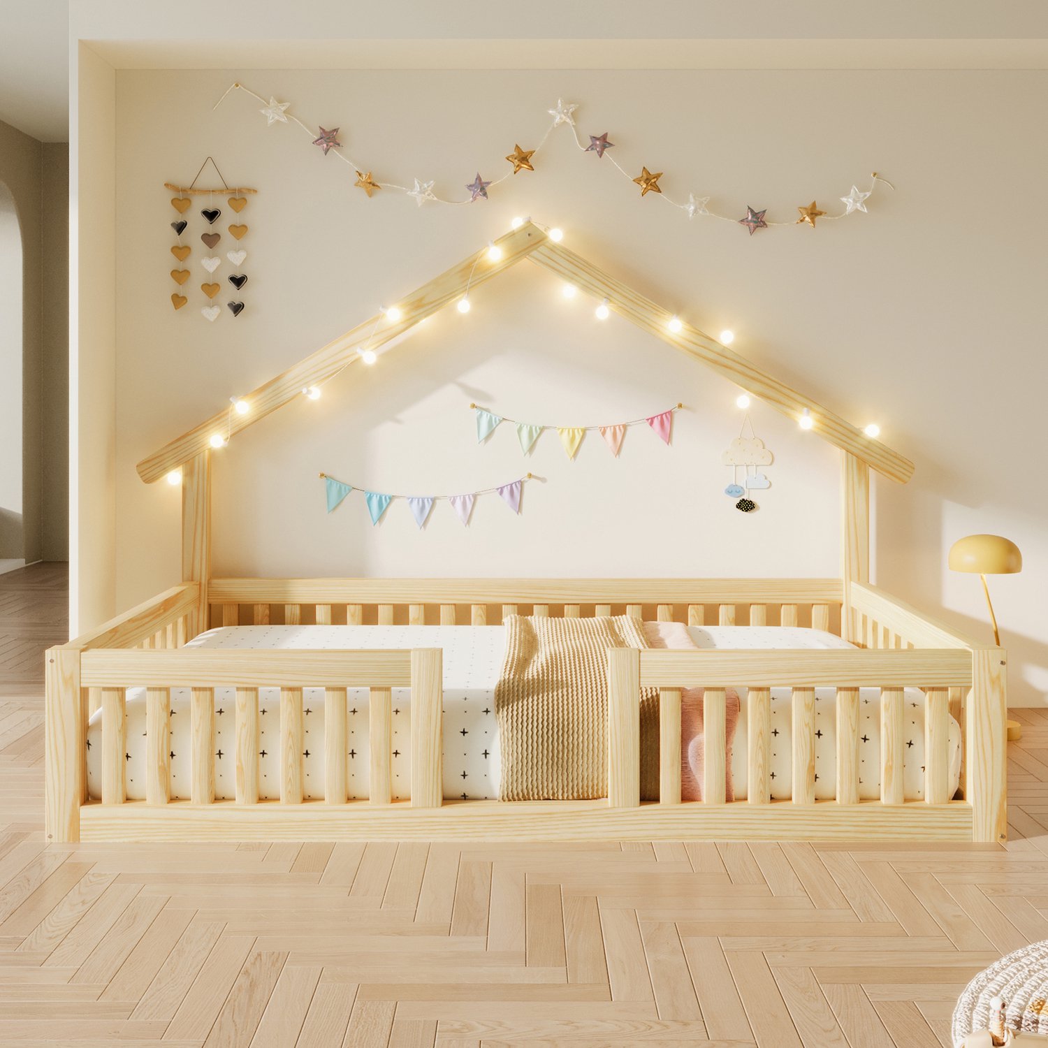 CHICFURN Huisbed 90x200 cm - Uitvalbeveiliging - LED-lichtslinger - Natuurlijk