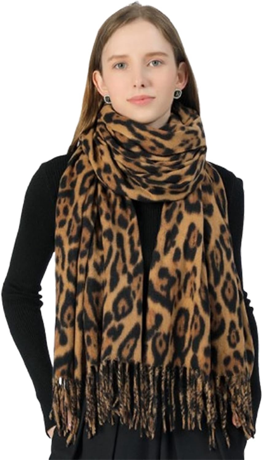 Warme Dames Sjaal met Luipaardprint - Grote Sjaal met Korte Franje, Perfect als Cadeau voor Vrouwen in de Winter
