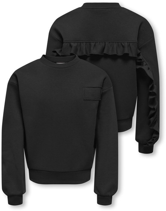 Zwarte meisjes-sweater met ruches, ronde hals en een rechthoekig tekstlabel op de borst.