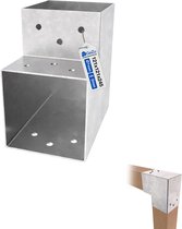 L-vormige thermisch verzinkte paalverbinder voor pergola van 121x121x245mm met voorgeboorde gaten.