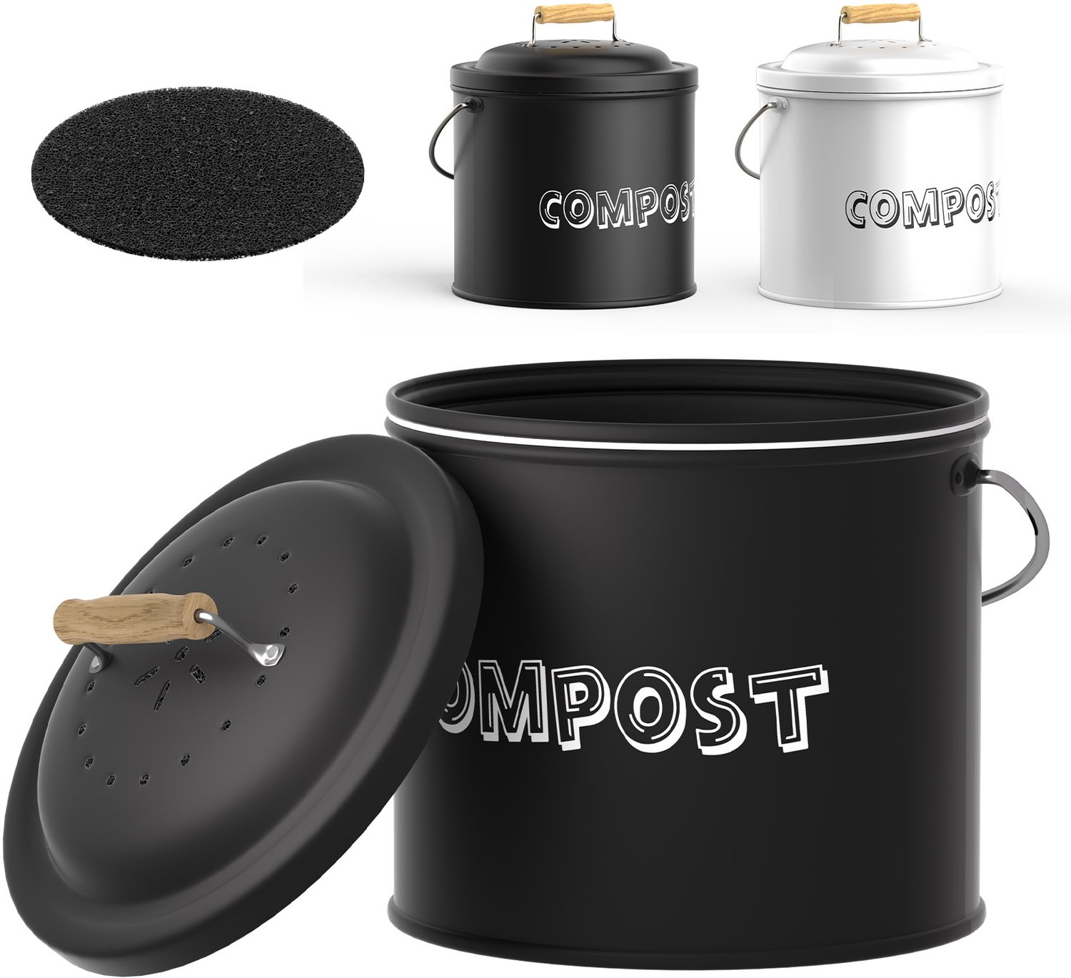 Soontrans Compostemmer voor Keuken - 6 Liter GFT Afvalbak voor Biologisch Afval - 21 x 22 x 24 cm - Geurdicht met Houtskoolfilter - Zwenkhandgreep - Compostbak voor Keukenafval - Zwart