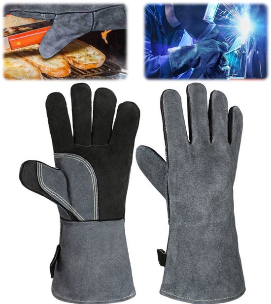 Twee grijze suède handschoenen voor lassen en grillen, getoond in actie tijdens gebruik.