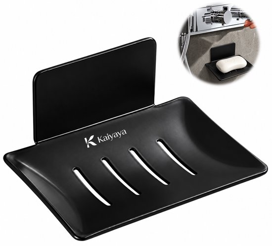 Porte-savon noir Kaiyaya avec fentes de drainage, accompagné d'un encart montrant le produit installé sous une douche.