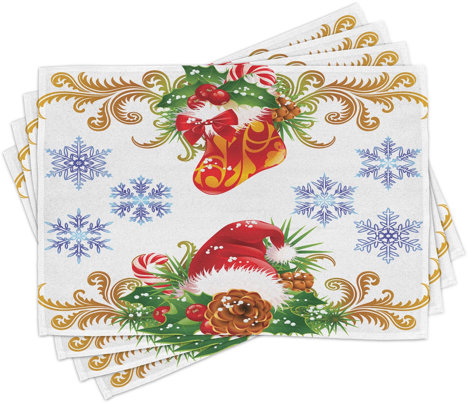 ABAKUHAUS Kerst Placemats Set van 4, Classical Traditionele Ontwerp Kerstkous Kerstman Claus Muts Maretak Sneeuwvlokken, Wasbare Stoffen Placemats voor de Eettafel, Standaardformaat, Rood en Groen