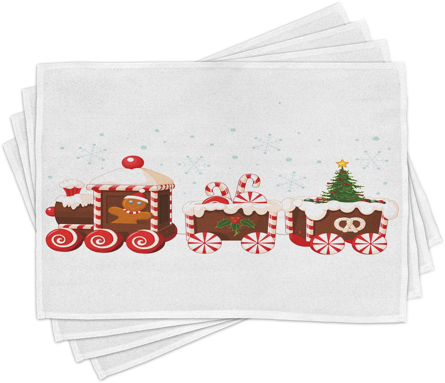 ABAKUHAUS Kerst Placemats Set van 4, Trein Gingerbread Crème Snoep Cartoon Speelgoed Sneeuwvlokken Cadeaus, Wasbare Stoffen Placemats voor de Eettafel, Standaardformaat, Wit Bruin