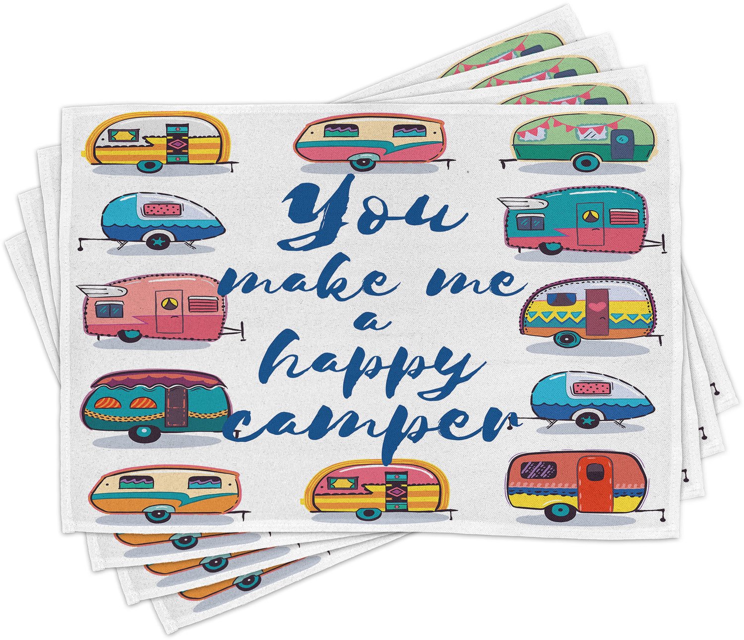 ABAKUHAUS Camper Placemats Set van 4, You Maken Mij Vrolijk Woorden Caravans Retro Stijl Reizen Grafisch Print, Wasbare Stoffen Placemats voor de Eettafel, Standaardformaat, Indigo Geel