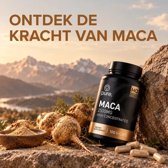 Pure Maca pot op een rotsachtig berglandschap met verse wortels en capsules.