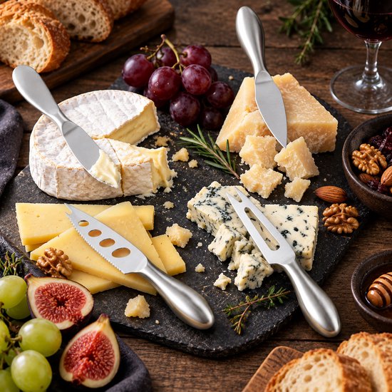 Vier roestvrijstalen kaasmessen op een houten plank met een selectie van brie, blauwe kaas, harde kaas, druiven en vijgen.
