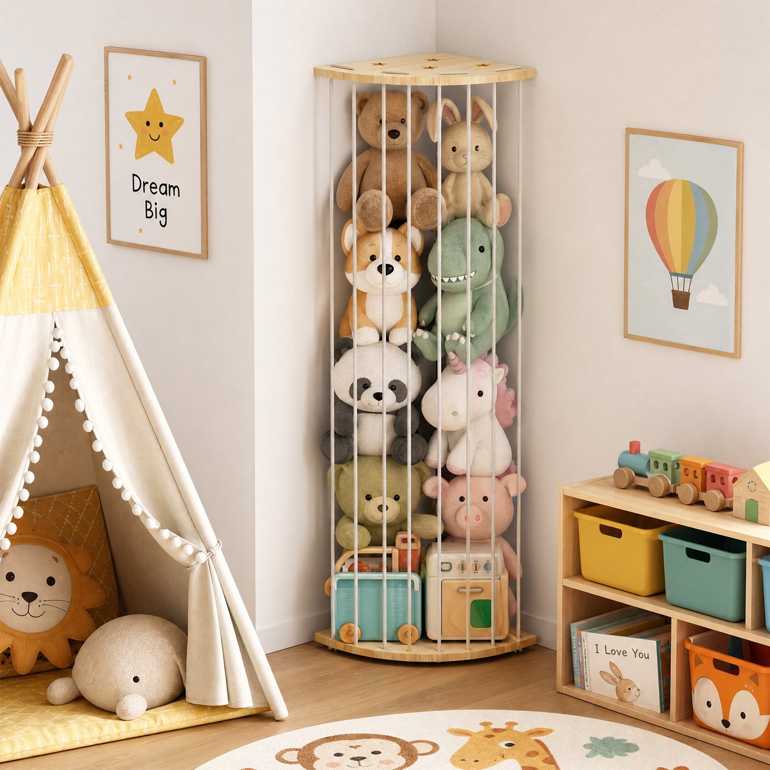 PIPIPOXER Knuffelopbergrek - Houten hoekstandaard - teddyberen en pluchen - kinderkamer en Babykamer opberg - 30 x 30 x 125 cm - Houtkleur