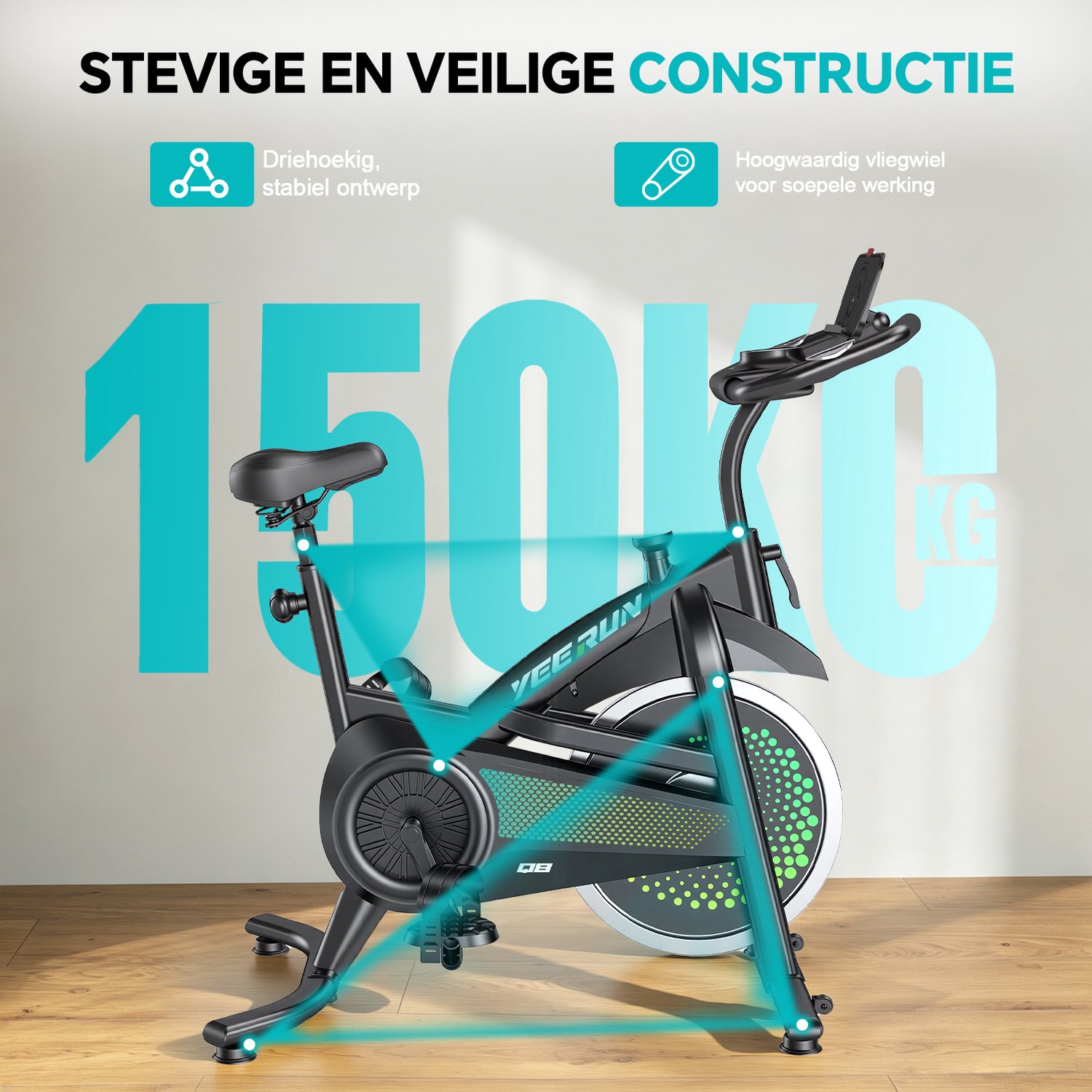 YEE RUN Hometrainer - 0-100% Verstelbare Weerstand Hometrainer Fiets - Hartslagmeting - App-compatibel - Verstelbaar Stuur en Zadel - Max. Belasting 150 kg - LCD Display - Fitness Fiets - Spinningfiets - Hometrainer Fitness thumbnail 6