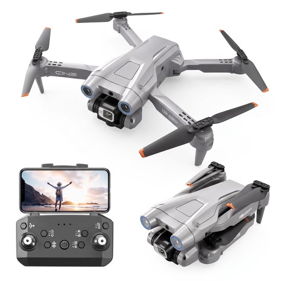Grijze i3 Pro drone met 4K-camera in uitgeklapte en opgevouwen positie naast de afstandsbediening.