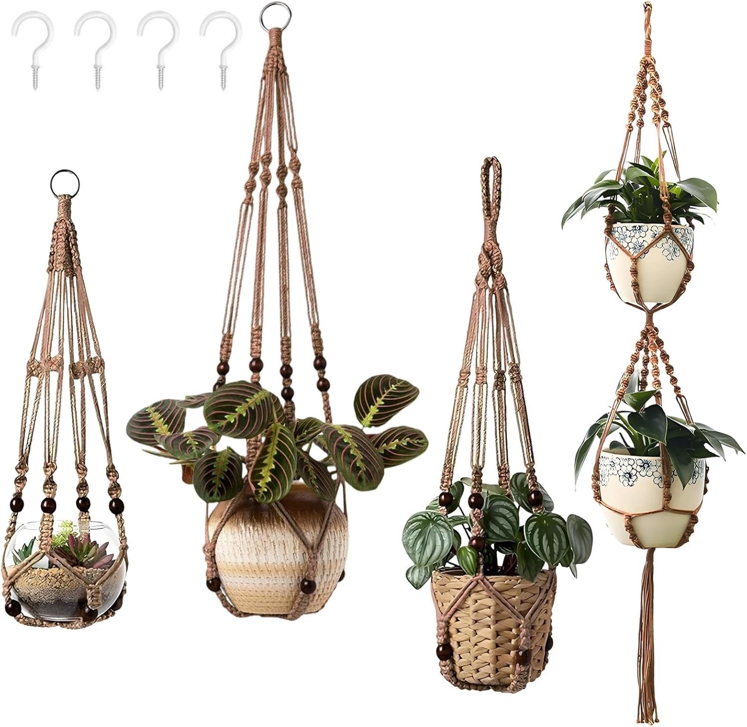 4‑Stuks Macramé Plantenhanger Set‑ Katoen Geweven Hangmand voor Planten‑ Inclusief Haken‑ Boho Decoratie voor Binnen, Balkon en Terras