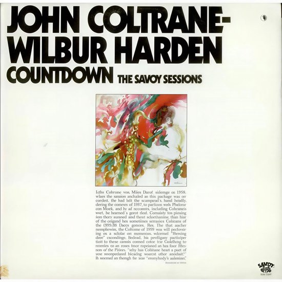 Pochette d'album Countdown de John Coltrane et Wilbur Harden avec illustration florale surréaliste et texte blanc.