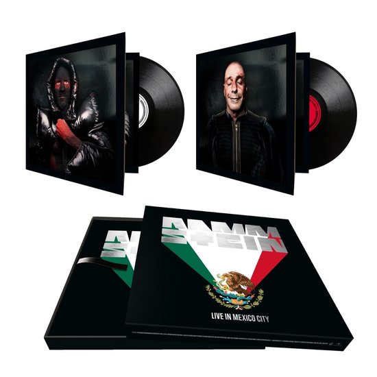 Boxset met 4 vinylplaten, Live in Mexico City, met zwart-wit foto's van bandleden en Mexicaanse vlag motieven.