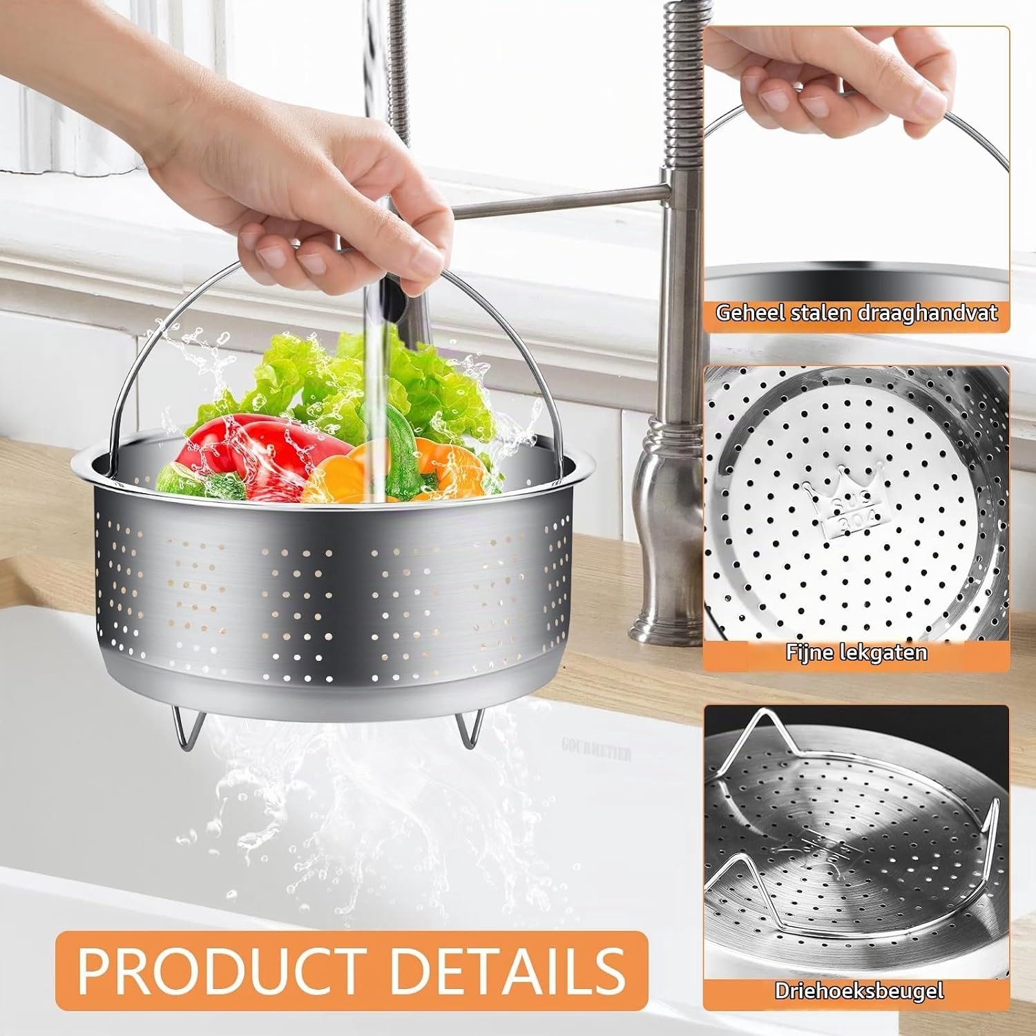 RVS stoominzet voor koken, ideaal voor groenten, vis en rijst - 22.8 x 21.7 x 10.1 cm
