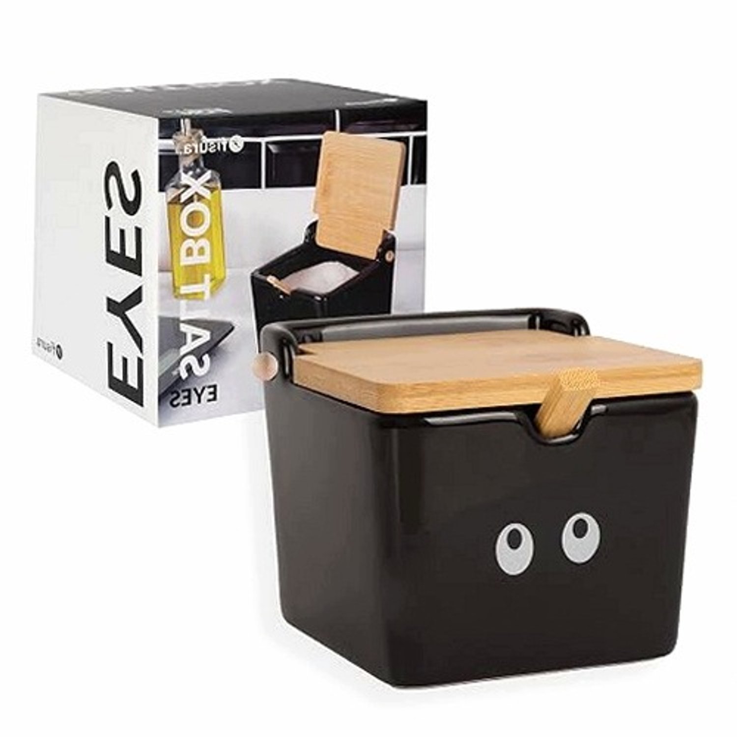 Keramische Zoutpot Zwart met Houten Deksel & Lepel - 680ml
