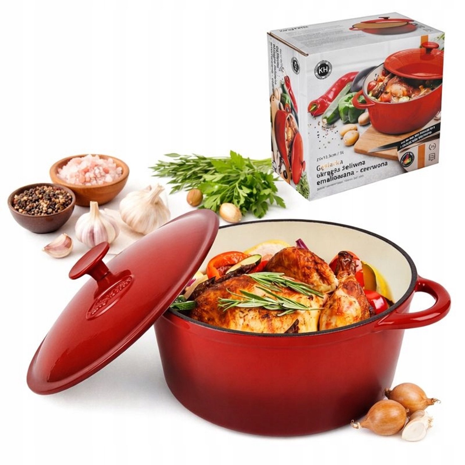 Gietijzeren Braadpan met Emaille Deksel - 5L - Rood