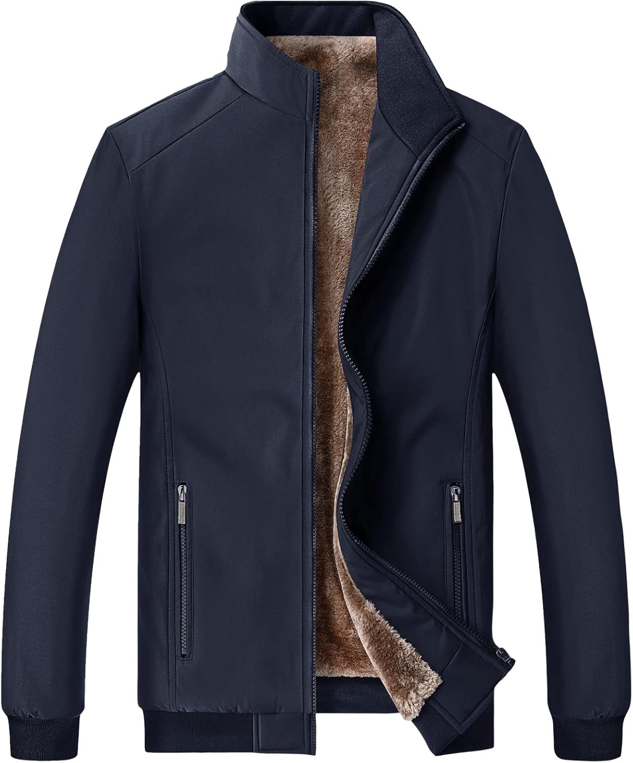 Winter Fleece Jassen Warme Stand Kraag Volledige Zip Fluffy Jassen met Rits Zakken (S-4XL), Donkerblauw, M