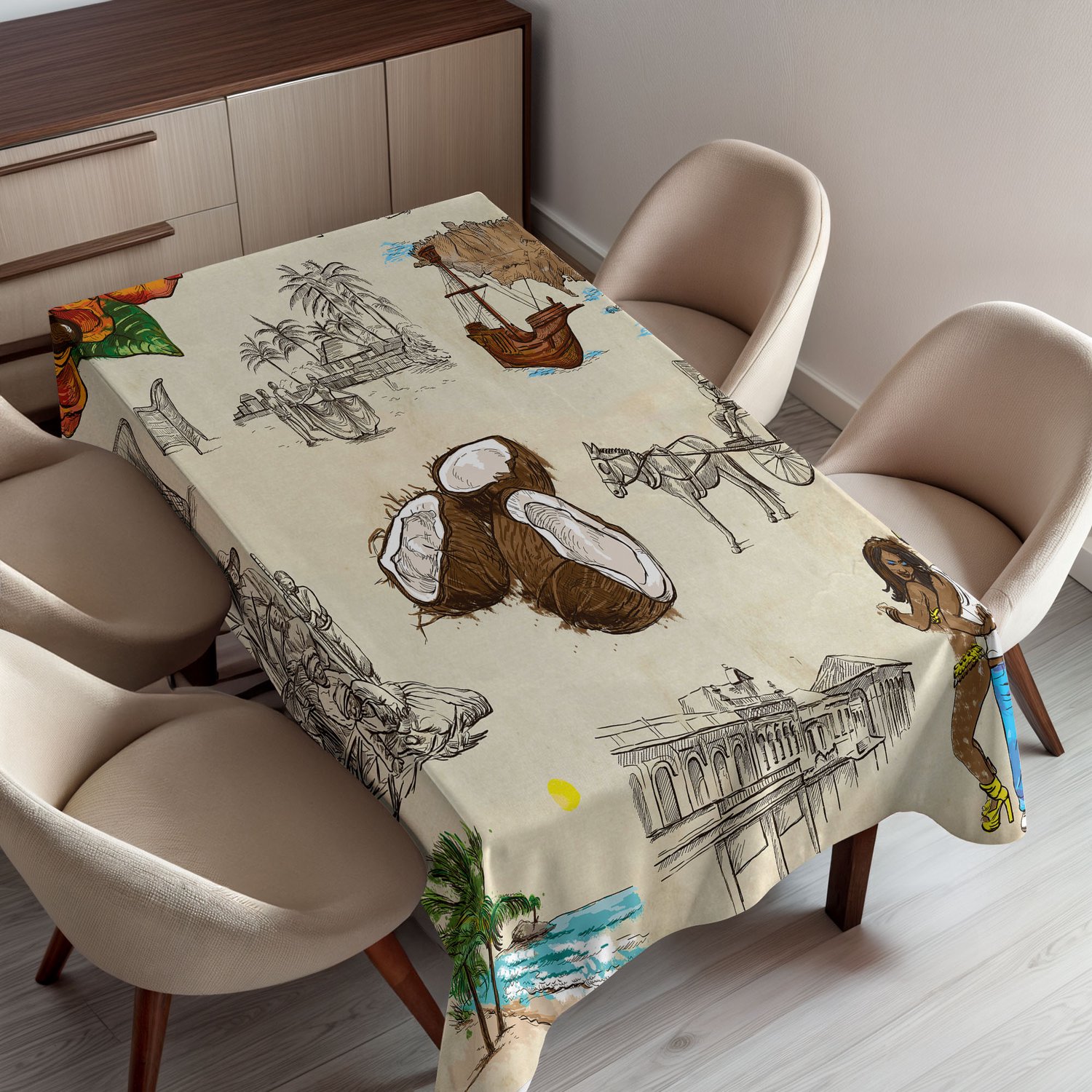 ABAKUHAUS Jamaicaans Tafelkleed, Handgetekende Illustraties van Elementen uit Caribische Culturen met Oud Papier Effect, Rechthoekig Tafelkleed voor Eetkamer Keukendecoratie, 150 x 220 cm, Meerkleurig