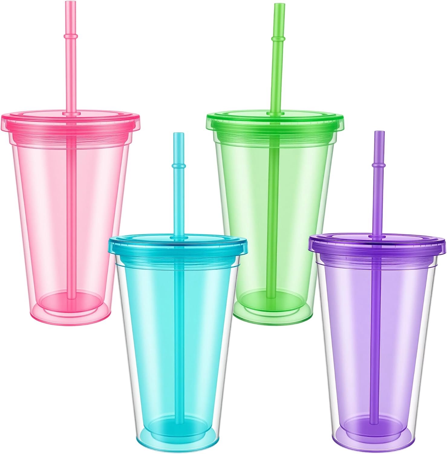 4 stuks plastic bekers met deksel en rietje, 450 ml, kleurrijk