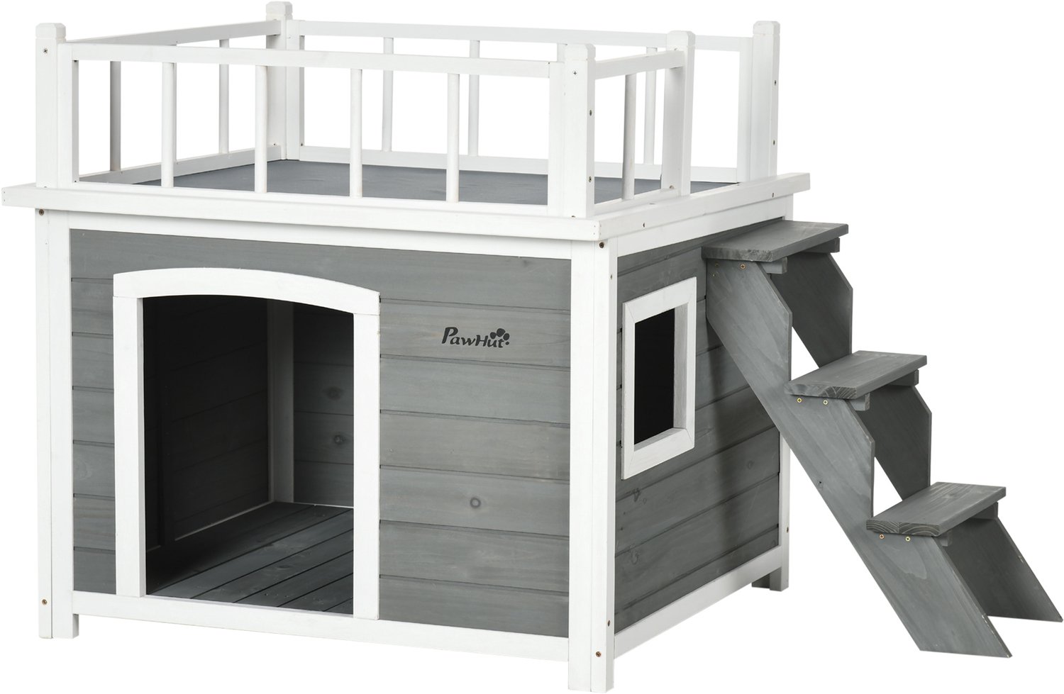 Pawona Hondenhok met dakterras en trap - Van massief dennenhout - Voor honden tot 20 kg - 121 x 77 x 78 cm - Lichtgrijs/Wit