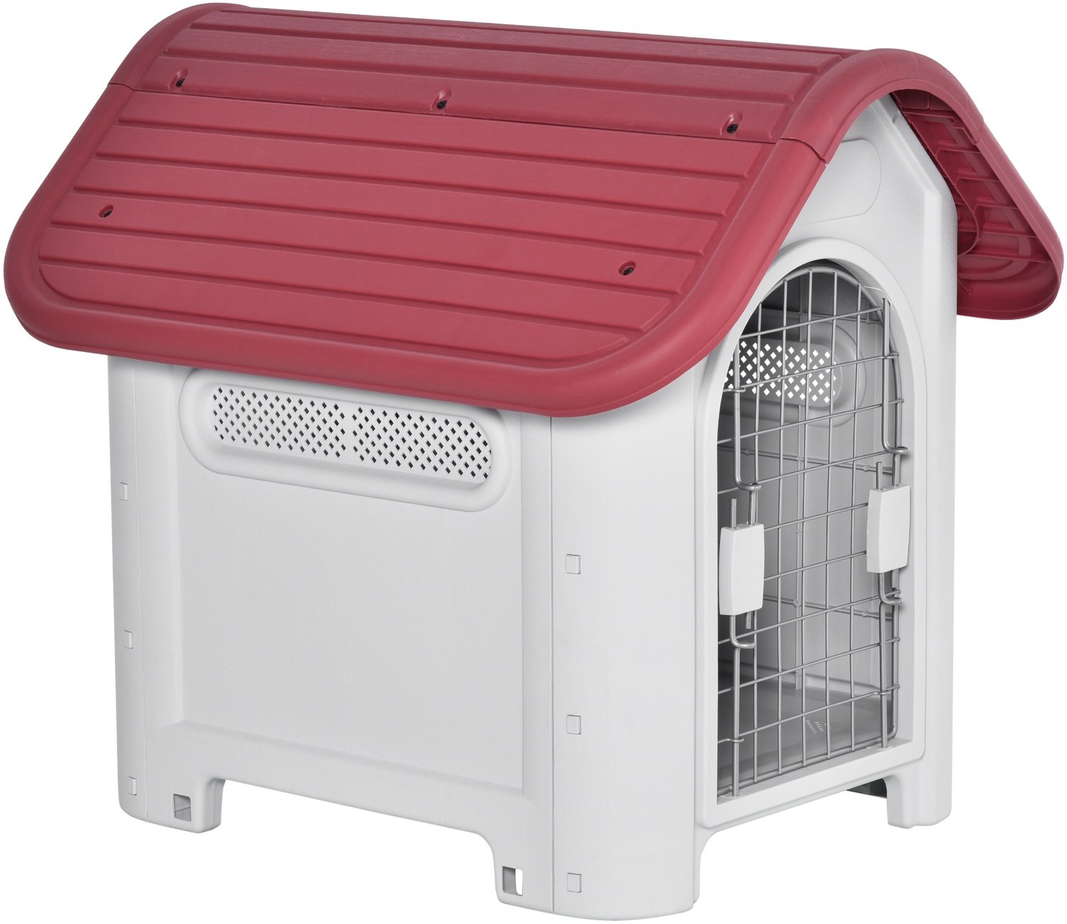 Pawona Hundehut - Waterdichte hondenhok voor kleine honden met ventilatie en verhoogde bodem - 59 x 75 x 66 cm - Rood en lichtgrijs