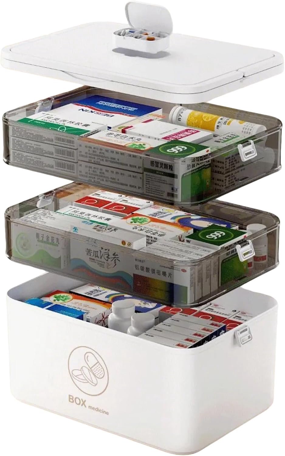 Medicijnorganizer met 3 etages, draagbaar, 24 x 30 x 16,5 cm, waterdicht en lichtbestendig, ideaal voor reizen, thuis en noodgevallen