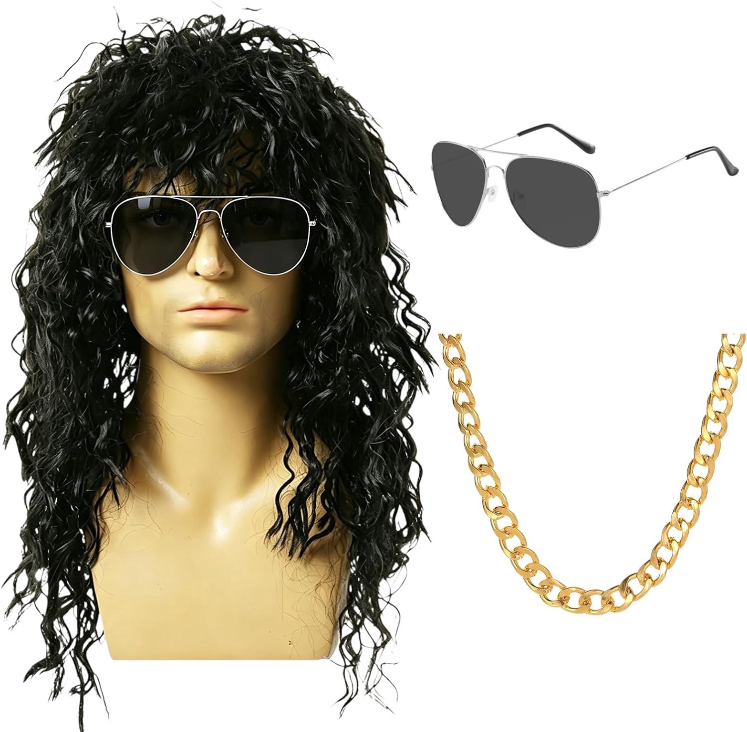 Pruik voor heren, zwart, set met zonnebril en gouden ketting