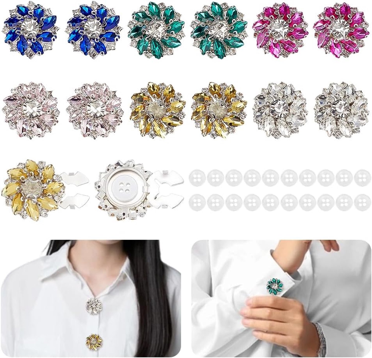 12 Stuks Strass Bloem Knop Covers 6 Kleuren Bloem Knop Covers Kleurrijke Afneembare Platina Plated Strass Sieraden Clip Voor Vrouwen Blouses Shirts DIY Kleding Crafting