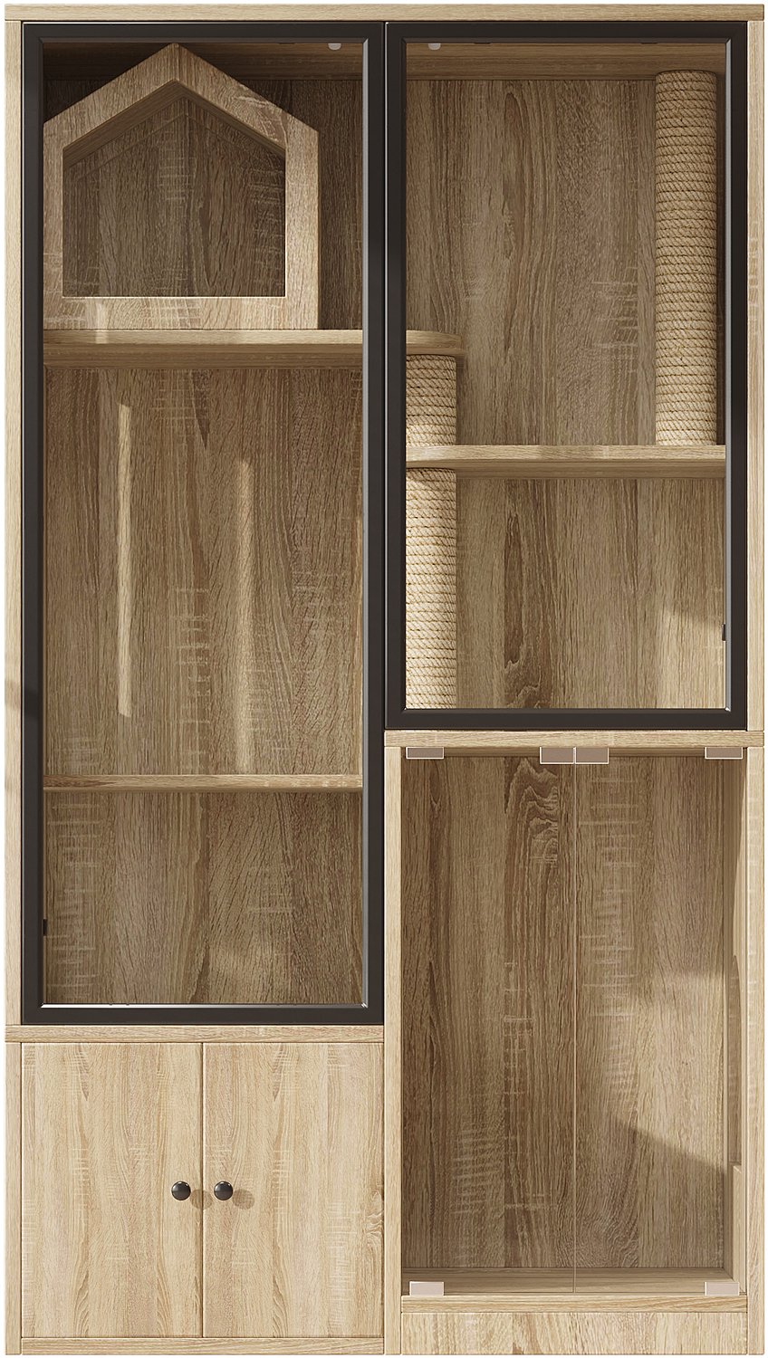 Kattenvilla met vier etages - Panoramadeuren van gehard glas - Klimplekken en jute krabpalen - MDF in natuurlijke houtkleur - 90 x 50 x 160 cm