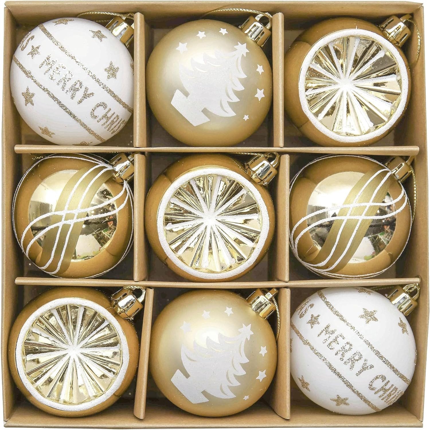 9-delige set van 6 cm kerstballen in wit, zilver en goud, kerstboomdecoraties met luxe kraftpapier verpakking en touw