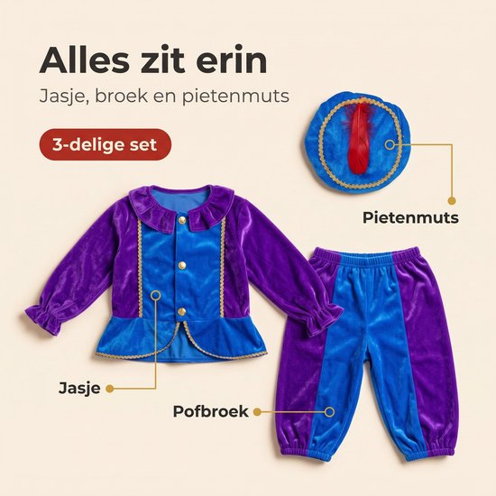 3-delige set pietenpak bestaande uit een jasje, pofbroek en pietenmuts met rode veer. Tekst: 'Alles zit erin'.